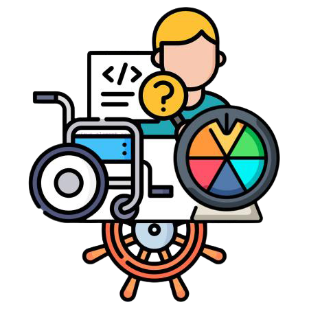 Montaje de iconos: silla de ruedas, timón de barco, paleta de color, una persona y una hoja con código.