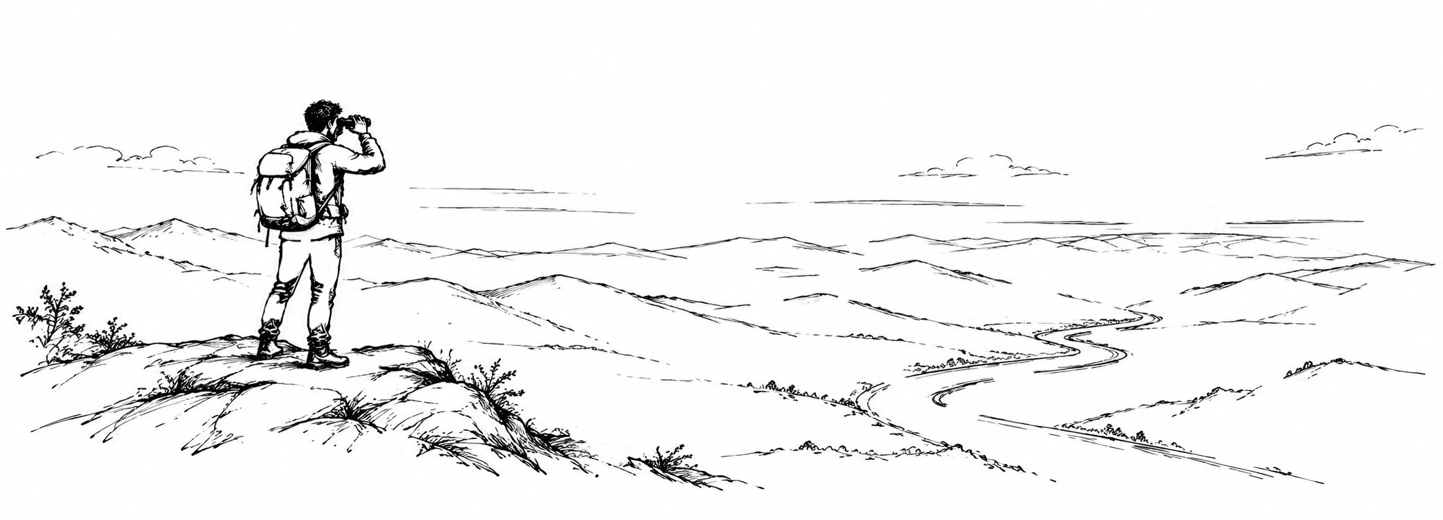 Caminante con binoculos ante un paisaje desolado.