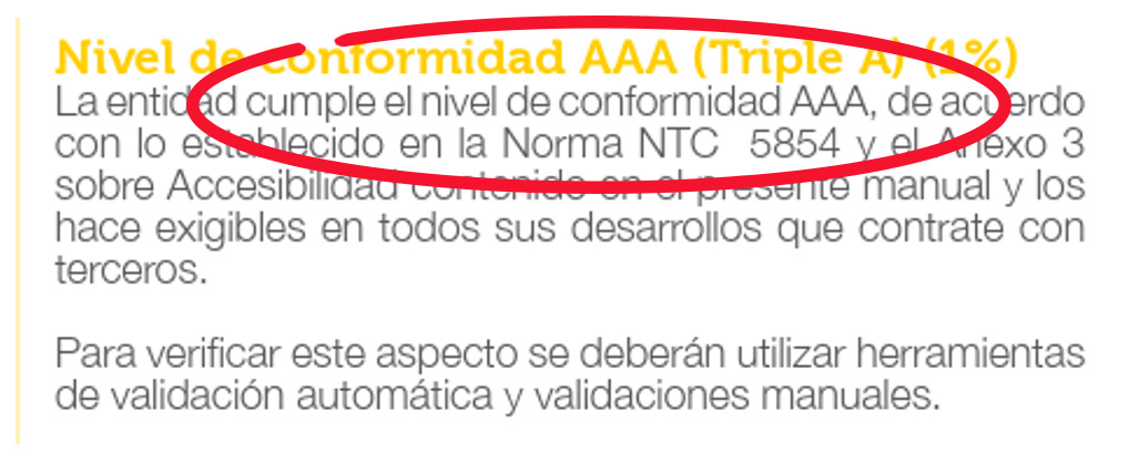 Captura del texto del manual en donde se indicaba que el nivel AAA era exigible.
